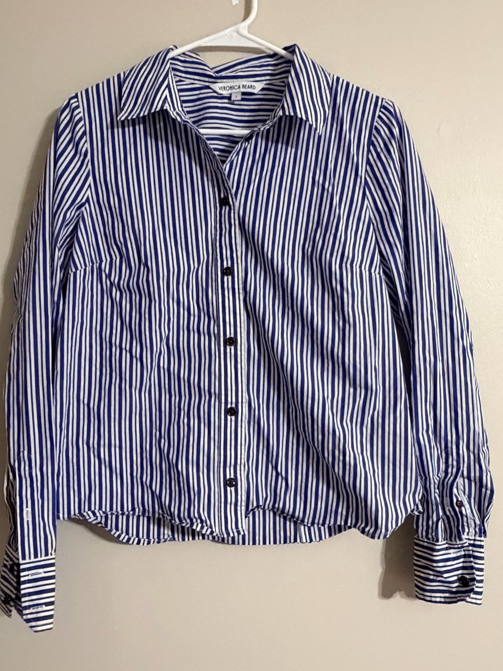 Veronica Beard Women’s Size 6 Navy and White Vertical Stripe Button-Down Shirt